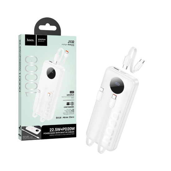 Power Bank Hoco J132 Sabio com 2 Tipo-C+Lightning Cabo 22.5W+PD20W 10000mAh Branco